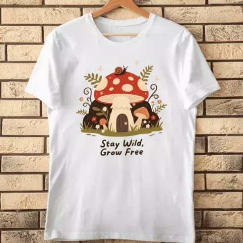 Stay Wild Grow Free Mushroom House T-Shirt Design cover image.