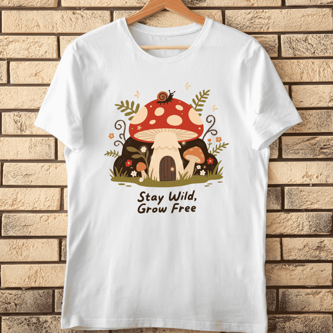 Stay Wild Grow Free Mushroom House T-Shirt Design cover image.