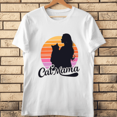 Cat Mama Retro Sunset Silhouette T-Shirt Design cover image.
