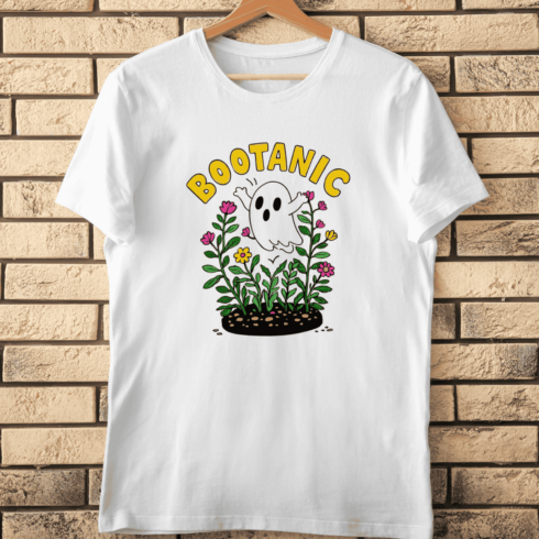 Whimsical Ghost with Floral T-Shirt Design cover image.