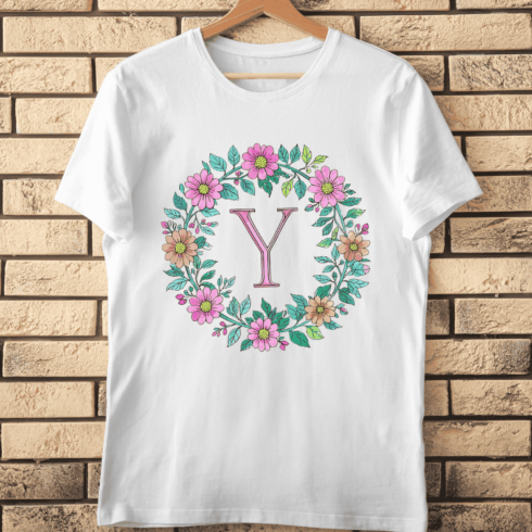 Watercolor Y Initial with Pink Flowers T-Shirt Design cover image.