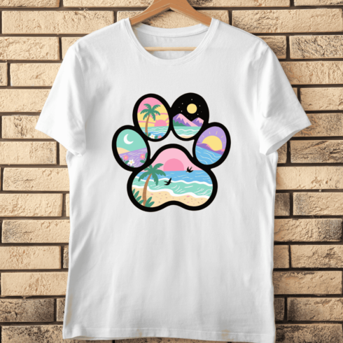 Beach Paradise in a Paw Print T-Shirt Design cover image.
