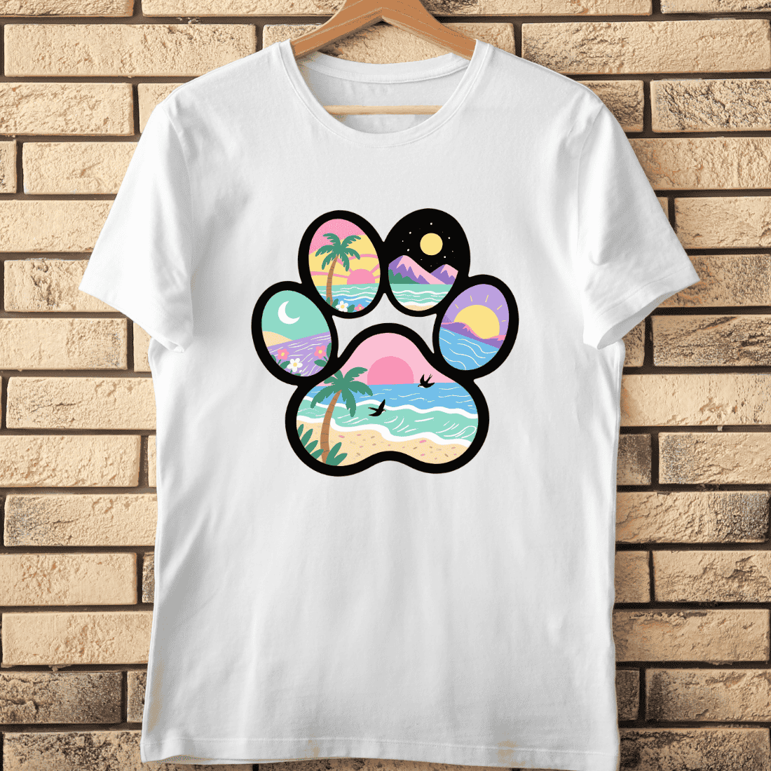 Beach Paradise in a Paw Print T-Shirt Design cover image.