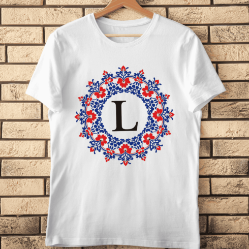 Letter L in Red and Blue Floral Wreath T-Shirt Design cover image.