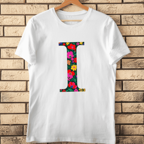 Colorful Flower Pattern Letter I T-Shirt Design cover image.