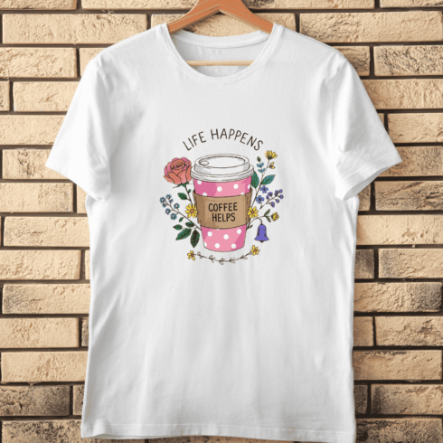 Hand-Drawn Coffee Cup with Flowers T-Shirt Design cover image.