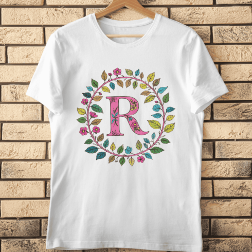Whimsical Floral Alphabet Letter R Wreath T-Shirt Design cover image.