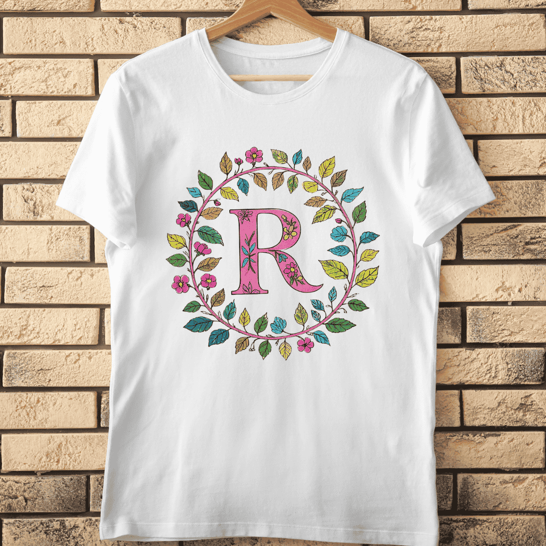 Whimsical Floral Alphabet Letter R Wreath T-Shirt Design cover image.