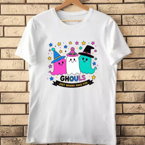 Playful Ghosts in Hats Ghouls Just Wanna Have Fun T-Shirt Design cover image.