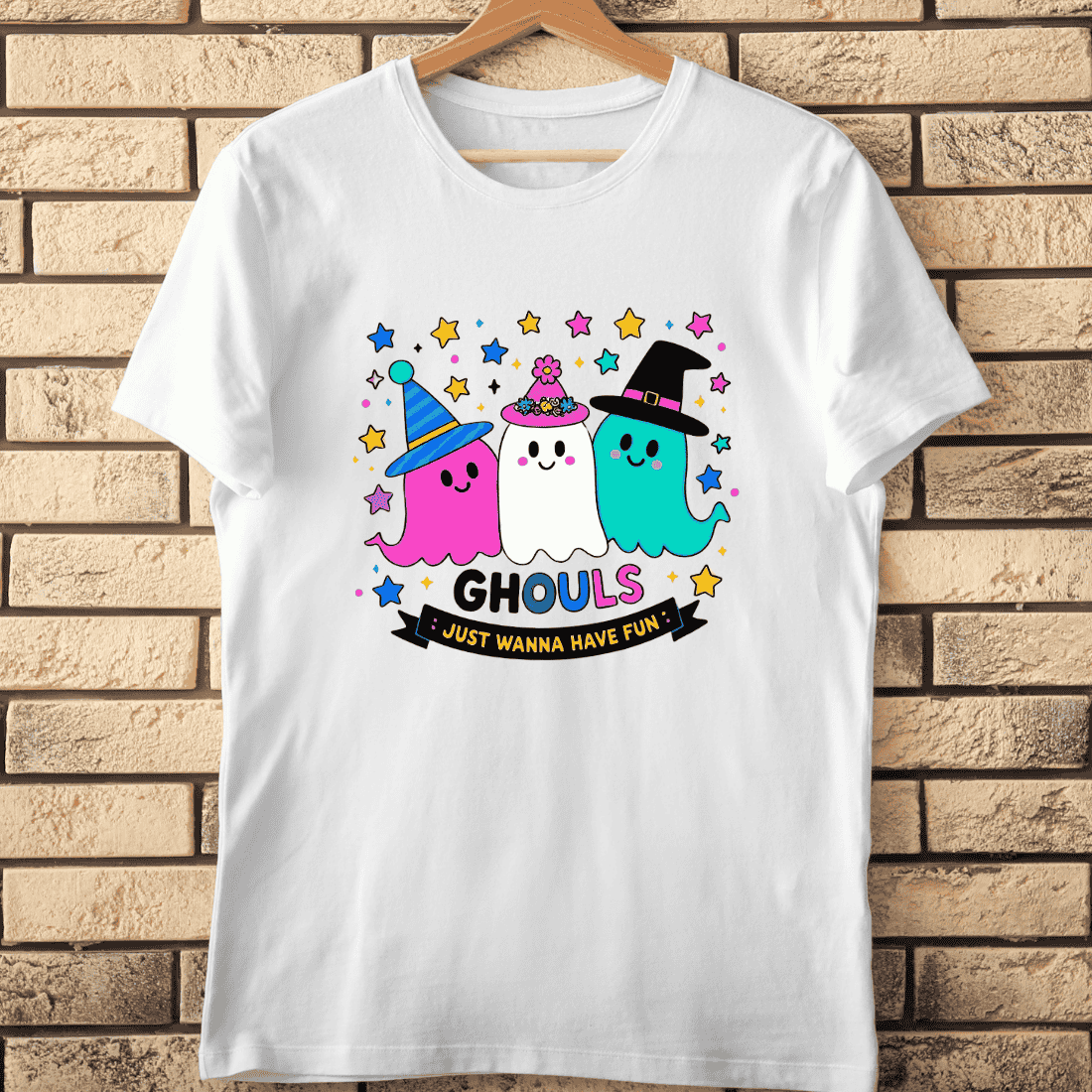 Playful Ghosts in Hats Ghouls Just Wanna Have Fun T-Shirt Design cover image.