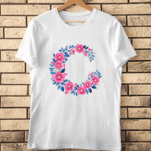 Floral C Vibrant Pink Flowers & Blue Leaves T-Shirt Design cover image.