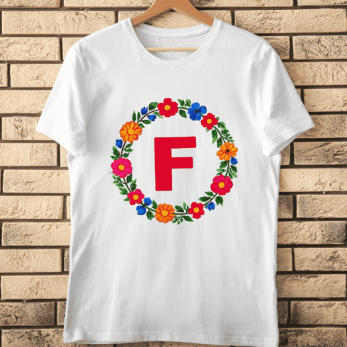Bold Floral Letter F Colorful Flower Wreath T-Shirt Design cover image.