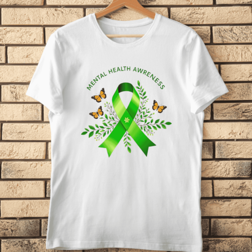 Mental Health Awareness Green Ribbon with Butterflies T-Shirt Design cover image.