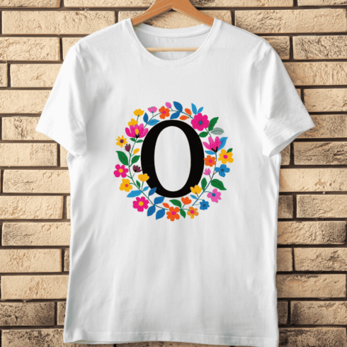Black Letter O with Colorful Floral Wreath T-Shirt Design cover image.