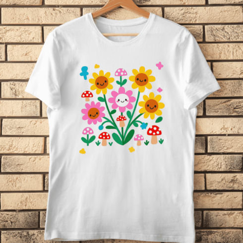 Cute Flowers and Mushrooms T-Shirt Design cover image.