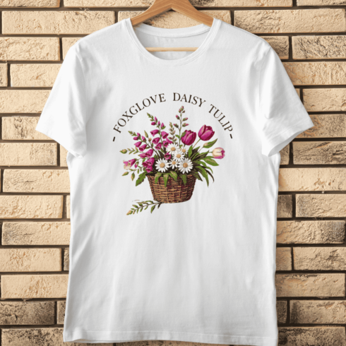 Foxglove Daisy Tulip Flower Basket T-Shirt Design cover image.