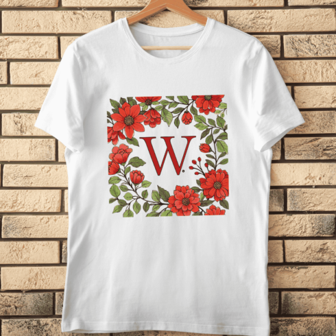 Floral Letter W with Red Flowers T-Shirt Design cover image.