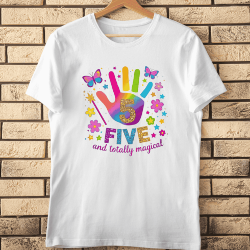 Cute 5th Birthday Handprint Art T-Shirt Design cover image.