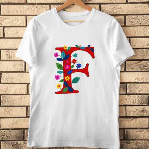 Colorful Letter F with Artistic Botanical Decor T-Shirt Design cover image.