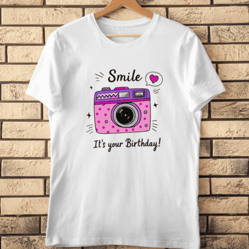 Festive Birthday Camera T-Shirt Design cover image.