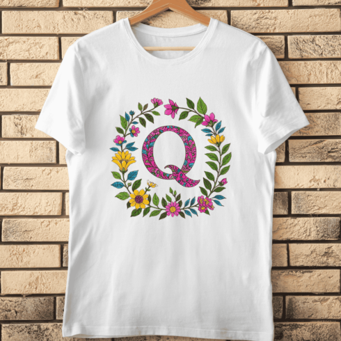 Botanical Monogram Q Flower Frame T-Shirt Design cover image.