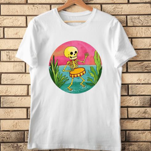 Skeleton Drum Water Plant T-Shirt Design cover image.