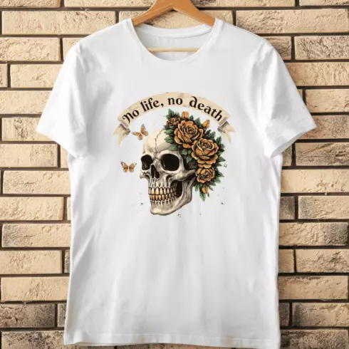 Skull Roses Butterflies No Life No Death T-Shirt Design cover image.