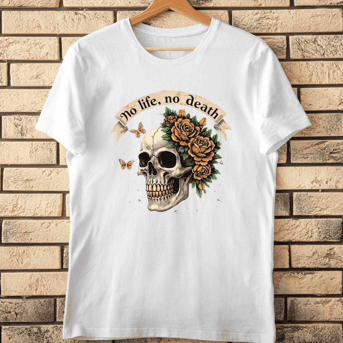 Skull Roses Butterflies No Life No Death T-Shirt Design cover image.