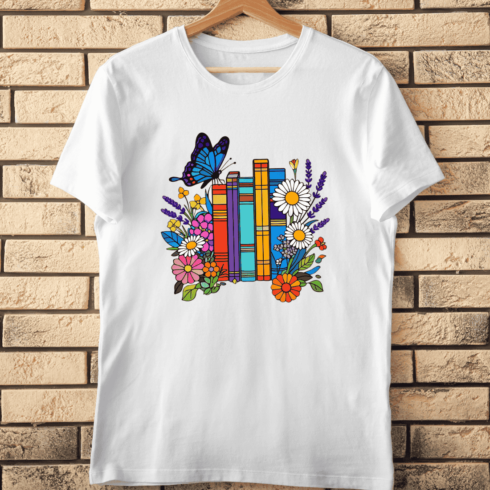 Books and Flowers with Butterfly T-Shirt Design cover image.