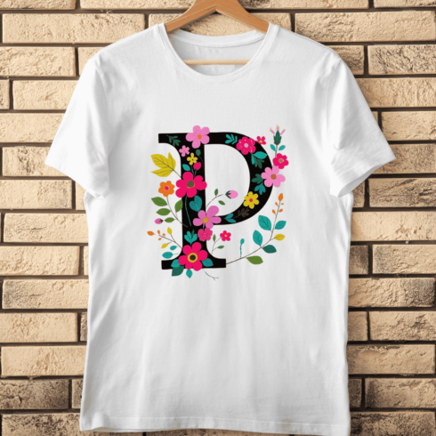 Vibrant Flowers on Dark Letter P T-Shirt Design cover image.