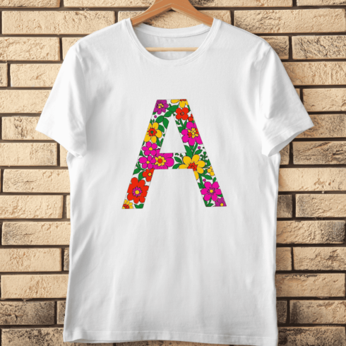 Hawaiian Style Alphabet A with Tropical Flowers T-Shirt Design cover image.