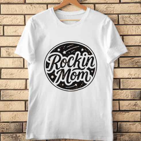 Black and White Rockin' Mom Typography T-Shirt Design cover image.