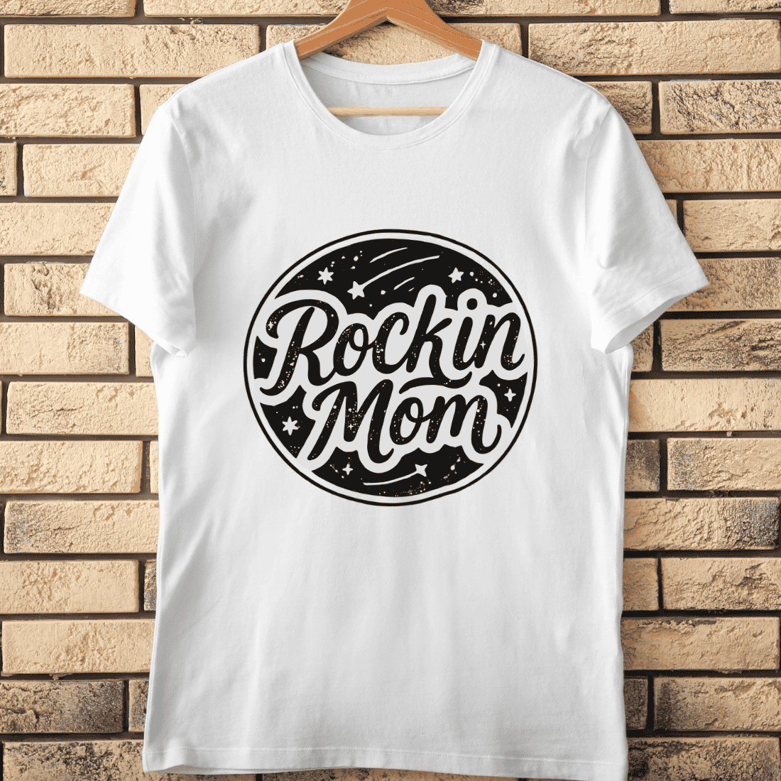 Black and White Rockin' Mom Typography T-Shirt Design cover image.