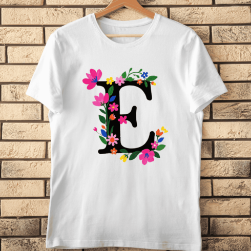 Elegant Floral Letter E Dark Botanical Monogram T-Shirt Design cover image.