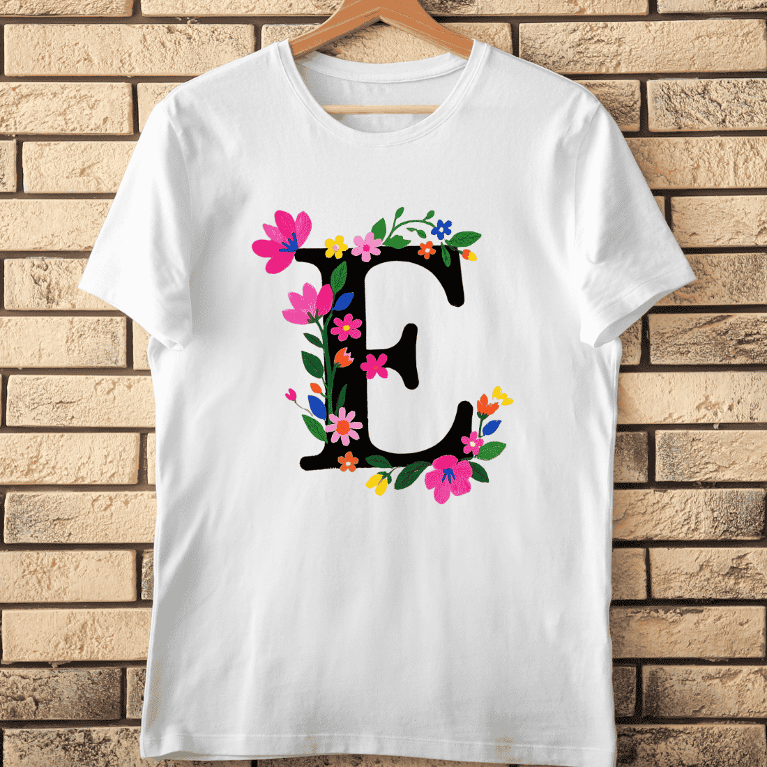 Elegant Floral Letter E Dark Botanical Monogram T-Shirt Design cover image.