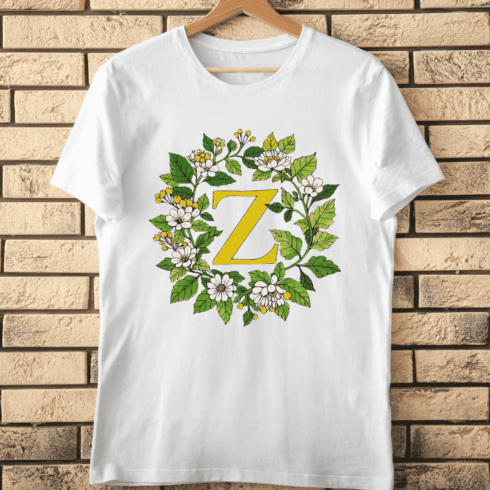 Classic Z Initial in Green Leaf and Flower Frame T-Shirt Design cover image.