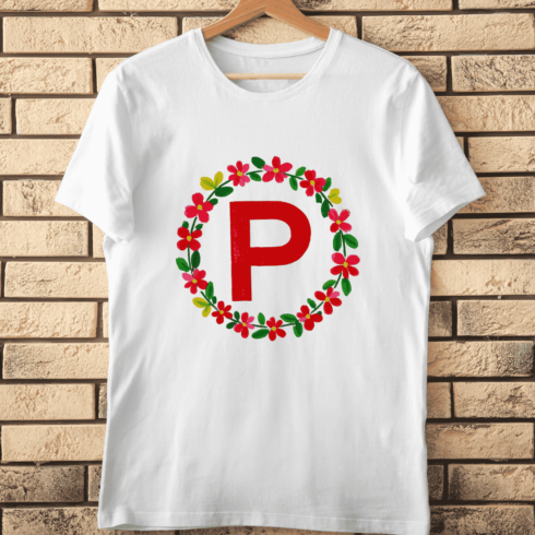 Red Letter P Floral Wreath T-Shirt Design cover image.