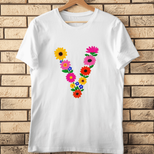 Colorful V Letter with Floral Elements T-Shirt Design cover image.