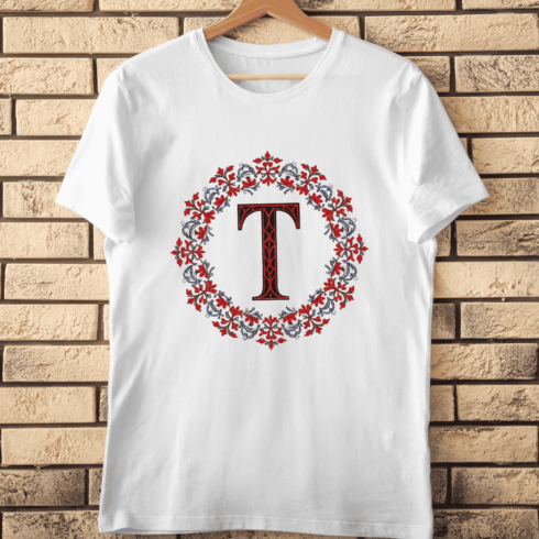 Ornate Floral Alphabet Letter T Wreath T-Shirt Design cover image.