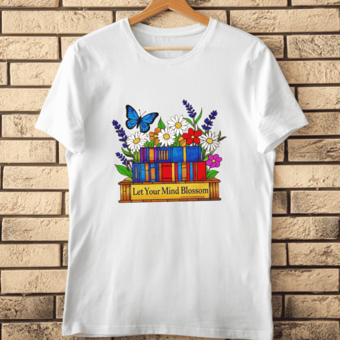 Colorful Stack of Books with Blooming Flowers T-Shirt Design cover image.