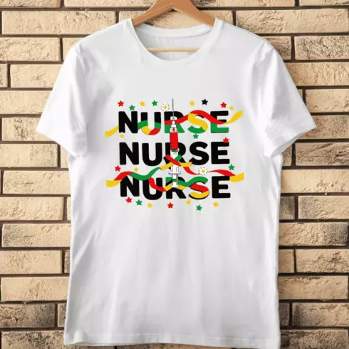 Medical Syringe with Layered Nurse and Colorful Accents T-Shirt Design cover image.
