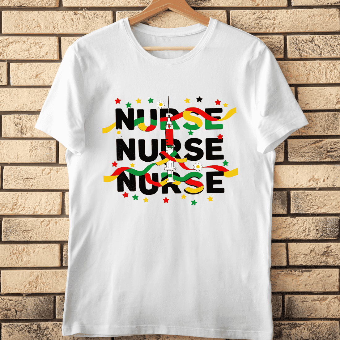 Medical Syringe with Layered Nurse and Colorful Accents T-Shirt Design cover image.