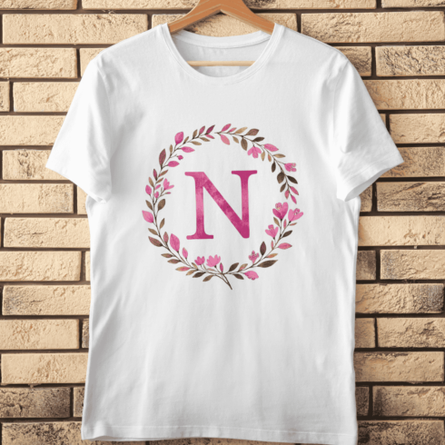 Vintage Style Flower Wreath with Letter N T-Shirt Design cover image.