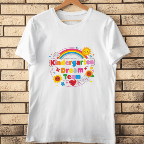 Colorful Kindergarten Teacher T-Shirt Design cover image.