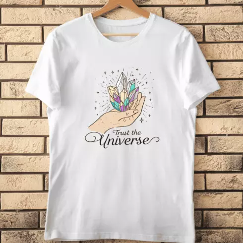 Hand Holding Colorful Crystals Trust the Universe T-Shirt Design cover image.