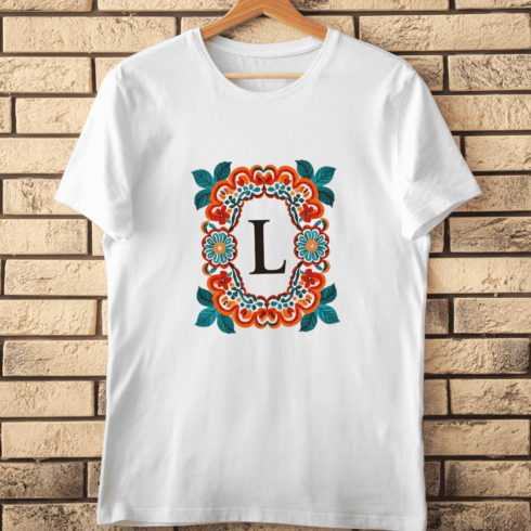Vibrant Floral Wreath Monogram L T-Shirt Design cover image.