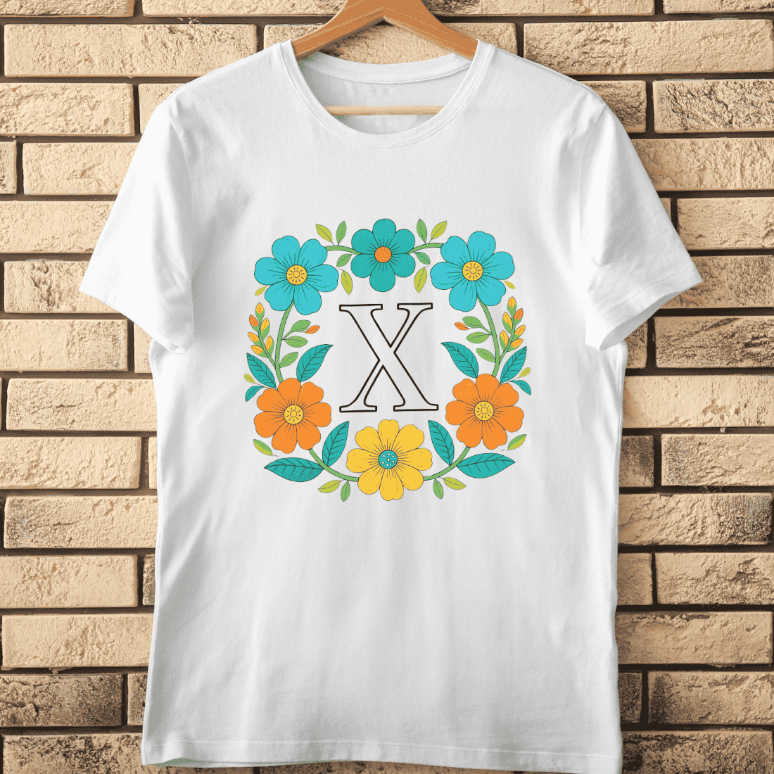 Colorful Floral Letter X Frame - Bright Blooms T-Shirt Design cover image.