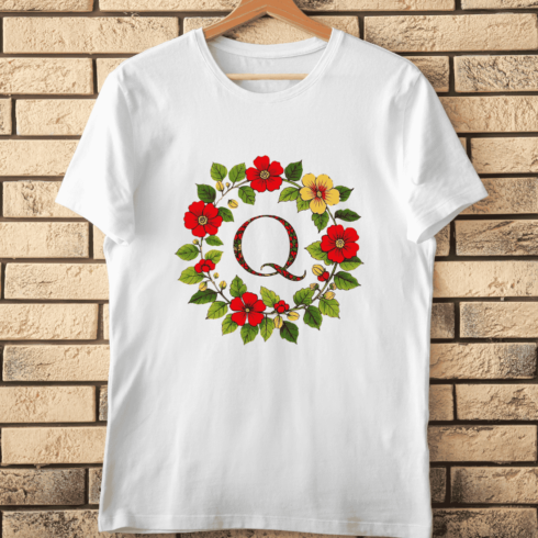 Floral Alphabet Letter Q Wreath T-Shirt Design cover image.