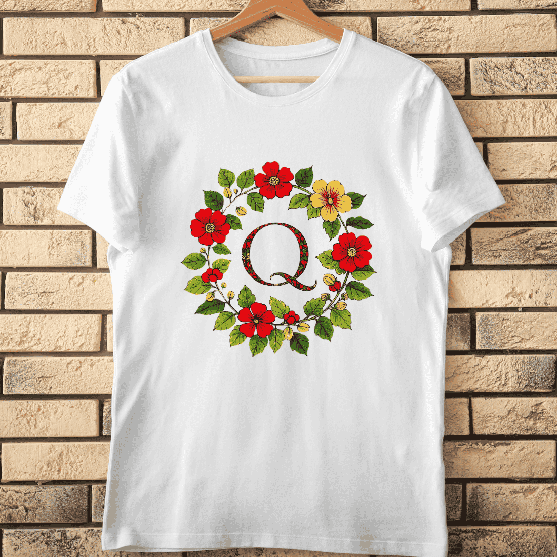 Floral Alphabet Letter Q Wreath T-Shirt Design cover image.