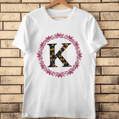 Colorful Floral K in Wreath T-Shirt Design cover image.